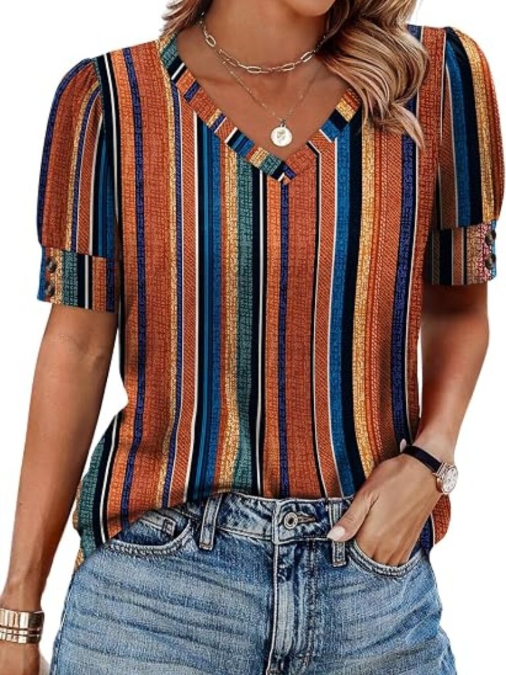 OFEEFAN Womens Tops Short Sleeve Shirts Buttons V Neck Spring Fashion Summer Out